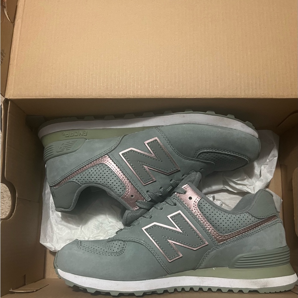 New Balance 574 Women's Sneakers in Sage Green and Rose Gold
